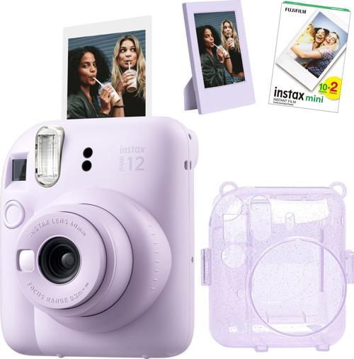mini 12 Lila Fotoğraf Makinesi Simli Pleksi Kılıf Çerçeve ve 20'li Film Hediye Seti-FOTSI0019