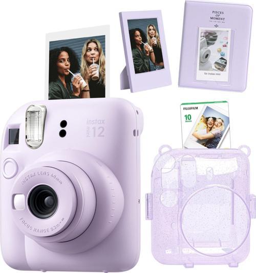 mini 12 Lila Fotoğraf Makinesi Simli Pleksi Kılıf Pvc Albüm 10'lu Film ve Çerçeveli Hediye Se