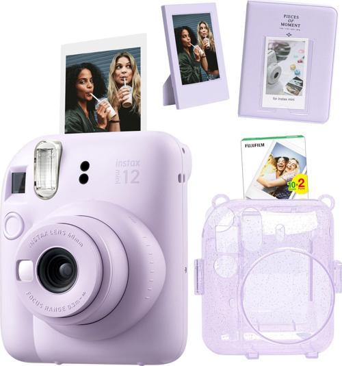 mini 12 Lila Fotoğraf Makinesi Simli Pleksi Kılıf Pvc Albüm 20'li Film ve Çerçeveli Hediye Se