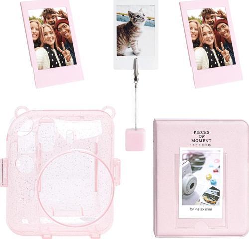 mini 12 Simli Şeffaf Pembe Kılıf Pvc 64'lü Albüm ve Fotoğraf Çerçeveleri Aksesuar Seti