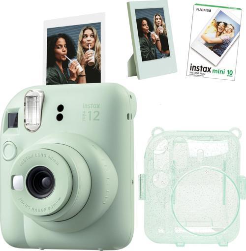 mini 12 Yeşil Fotoğraf Makinesi Simli Pleksi Kılıf Çerçeve ve 10'lu Film Hediye Seti-FOTSI001