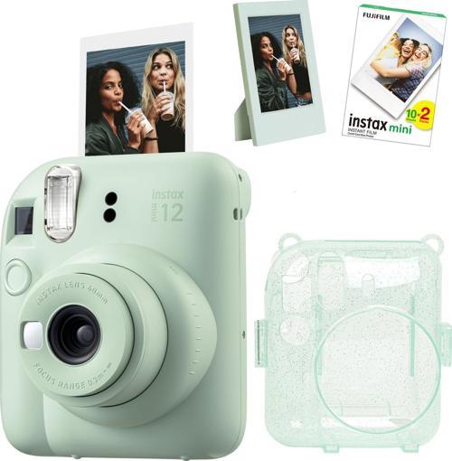 mini 12 Yeşil Fotoğraf Makinesi Simli Pleksi Kılıf Çerçeve ve 20'li Film Hediye Seti-FOTSI001