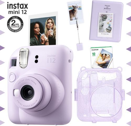 mini 12 Lila Fotoğraf Makinesi-10'lu Film-Kıskaçlı Stand-PVC Albüm ve Simli Pleksi Kılıf Seti