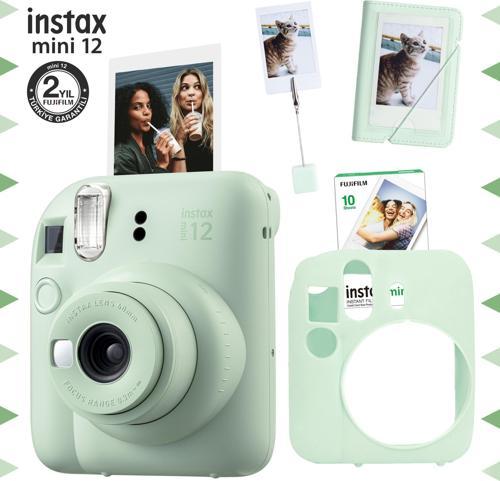 mini 12 Yeşil Fotoğraf Makinesi-10'lu Film-Kıskaçlı Stand-Mini Albüm ve Silikon Kılıf Seti