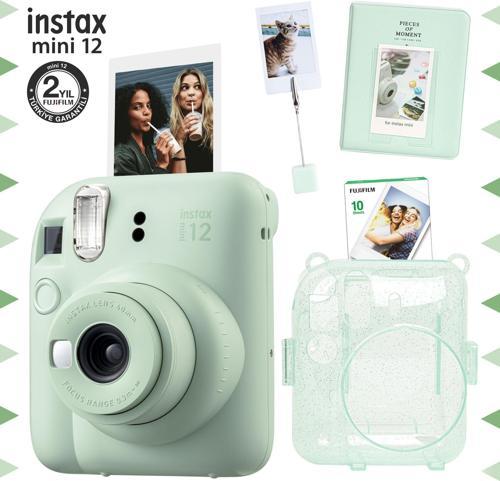 mini 12 Yeşil Fotoğraf Makinesi-10'lu Film-Kıskaçlı Stand-PVC Albüm ve Simli Pleksi Kılıf Set