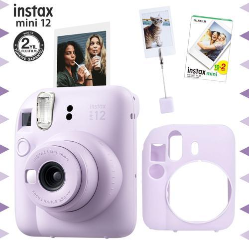 mini 12 Lila Fotoğraf Makinesi-20'li Film-Kıskaçlı Resim Standı ve Silikon Kılıf Seti