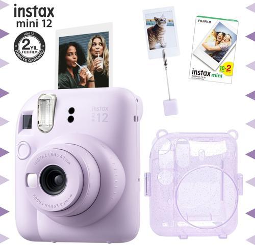 mini 12 Lila Fotoğraf Makinesi-20'li Film-Kıskaçlı Resim Standı ve Simli Pleksi Kılıf Seti