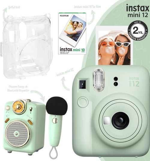mini 12 Yeşil Fotoğraf Makinesi-10'lu Film-Şeffaf Kılıf ve Divoom Fairy-OK Yeşil Karaoke Mikr