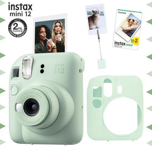 mini 12 Yeşil Fotoğraf Makinesi-20'li Film-Kıskaçlı Resim Standı ve Silikon Kılıf Seti