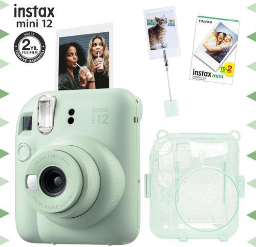 mini 12 Yeşil Fotoğraf Makinesi-20'li Film-Kıskaçlı Resim Standı ve Simli Pleksi Kılıf Seti