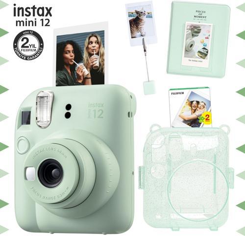 mini 12 Yeşil Fotoğraf Makinesi-20'li Film-Kıskaçlı Stand-PVC Albüm ve Simli Pleksi Kılıf Set