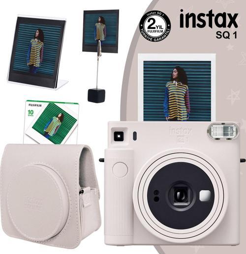 SQ1 Beyaz Fotoğraf Makinesi 10lu Kare Film Deri Kılıf Pleksi Çerçeve ve Kıskaçlı Stand