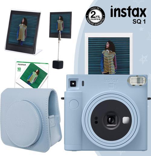 SQ1 Buz Mavi Fotoğraf Makinesi 10lu Kare Film Deri Kılıf Pleksi Çerçeve ve Kıskaçlı Stand