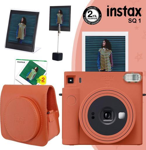 SQ1 Terracotta Turuncu Fotoğraf Makinesi 20li Kare Film Deri Kılıf Pleksi Çerçeve ve Kıskaçlı