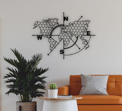 Balpetekli Dünya Haritası Metal Duvar Dekoru