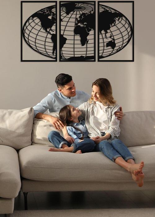 Oval Çerçeveli Meridyen Dünya Haritası Metal Duvar Dekoru