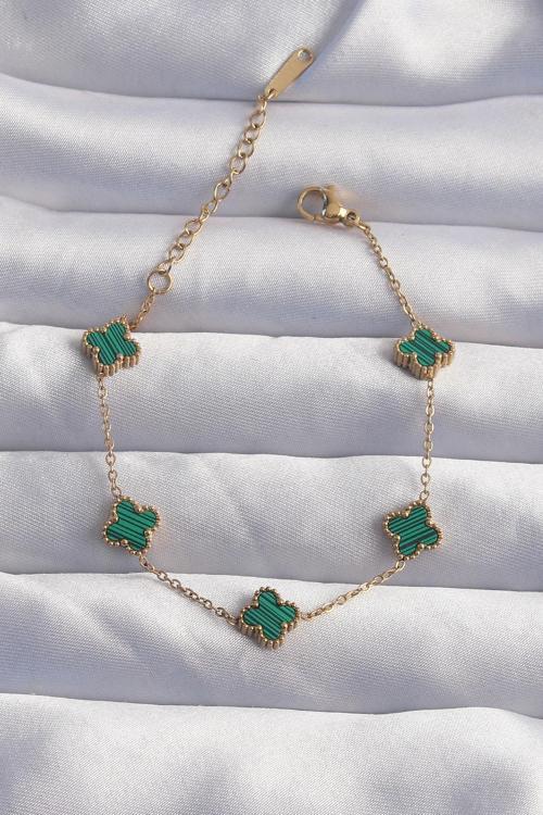 316L Çelik Baby Boy Gold Renk Çizgili Yeşil Mineli Yonca Bileklik - EBJ240822W26852