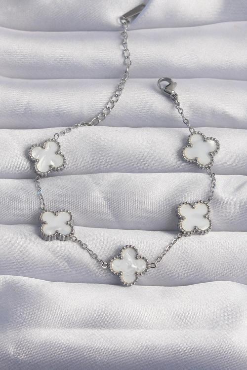 316L Çelik Gümüş Renk Beyaz Sedefli Yonca Bileklik - EBJ240822W26842