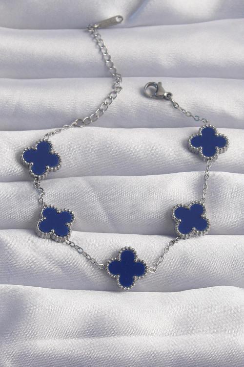 316L Çelik Gümüş Renk Mavi Mineli Yonca Bileklik - EBJ240822W26848