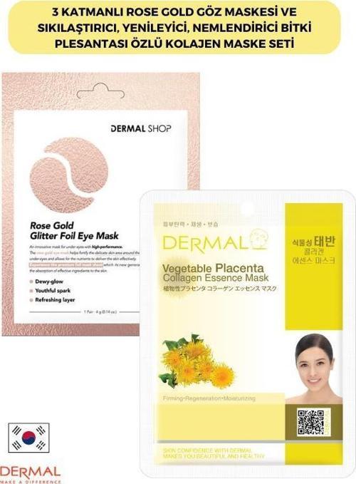 3 Katmanlı Rose Gold Göz Maskesi ve Sıkılaştırıcı, Yenileyici, Nemlendirici Bitki Plesantası Özlü Kolajen Maske Seti