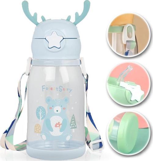 Mavi Ayıcık Şeffaf Matara 600ml - Çocuk Suluk, Matara, Pipetli Suluk, Askılı Suluk