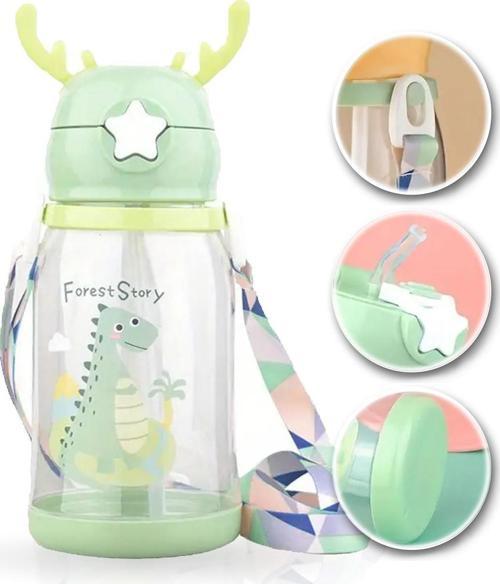 Yeşil Dinozor Şeffaf Matara 600ml - Çocuk Suluk, Matara, Dino Suluk Pipetli Suluk, Askılı Suluk