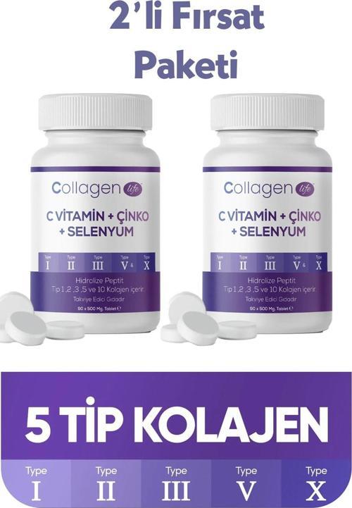 2'li Fırsat; 5 Tip Kolajen Tip 1 Tip 2 Tip 3 Tip 5 Tip 10, Selenyum , C Vitamini Ve Çinko 180 Tablet