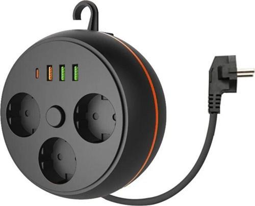 3 Adet Soket,3 Adet USB ve 1 Adet Type-C Girişli Termal Akım Korumalı Makaralı Priz 3395 (2818)