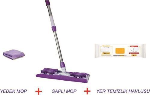 Tak Kullan Mandallı Mop Teleskopik Saplı + Yedek Mop + Yer Temizlik Havlusu