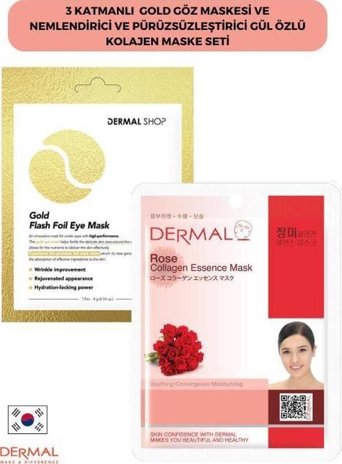 3 Katmanlı Gold Göz Maskesi ve Nemlendirici Ve Pürüzsüzleştirici Gül Özlü Kolajen Maske Seti