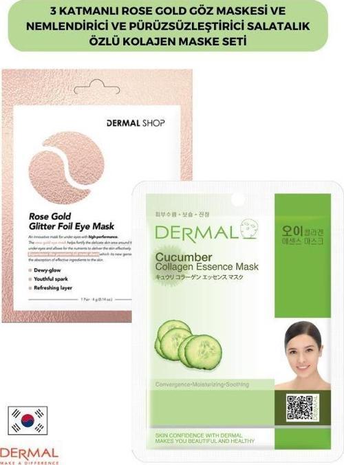 3 Katmanlı Rose Gold Göz Maskesi ve Nemlendirici Ve Pürüzsüzleştirici Salatalık Özlü Kolajen Maske Seti