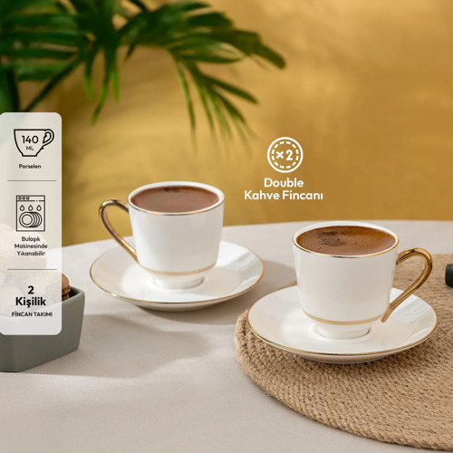 İstanbul Porselen Semin 2 Kişilik Double Kahve Fincan Takımı Gold 140 ml