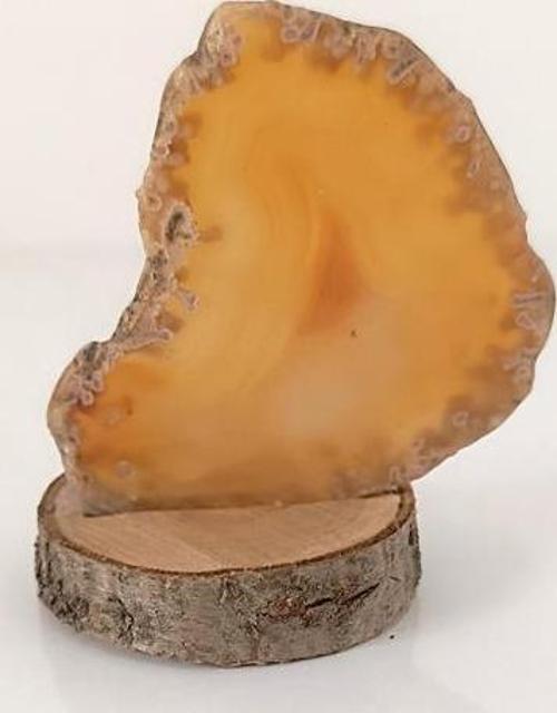 Doğal Taş Plaka Sarı Akik Ahşap Standlı Dekoratif Obje Biblo Traverten 16978