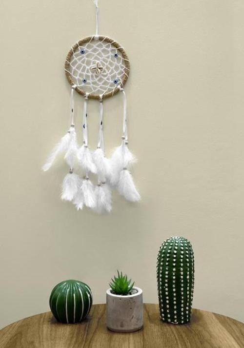 Nazar Boncuklu Düş Kapanı Hand Made Dreamcatcher Kuş Tüyü Duvar Süsü Ev Dekor 13431