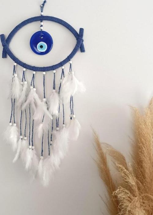 Nazar Boncuklu Hasır Mavi Düş Kapanı Dreamcatcher Kötü Rüya Kovucu Rüya Kapanı Duvar Süsü