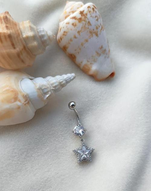 Göbek Piercing Medikal Çelik Vidalı Gri Yıldız Model Kadın İthal 316 L Paslanmaz 