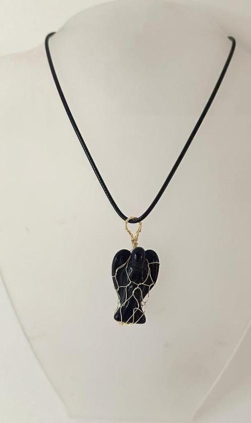 Kolye Melek Doğal Taş  Mavi Goldstone El İşi Tel Sarma Tasarım Çakra Charm Takı Kadın Kız Örgü  