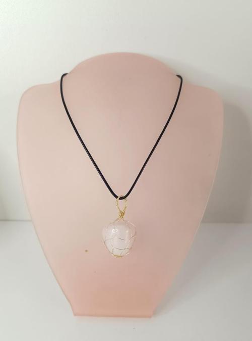 Kolye Pembe Kuvars Doğal Taş El İşi Tel Sarma Tasarım Çakra Charm Takı Kadın Kız Örgü  