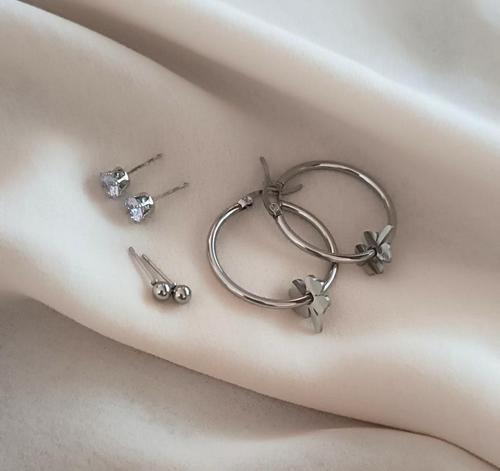 Küpe 3 lü Set Kararmaz Çelik 316L Lüks Küpe Renk Gri Taşlı Küpe  
