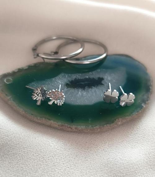 Küpe Kararmaz Çelik 316L Lüks 3 lü Set Kadın Küpe Halka Yonca Ağaç Küpe             