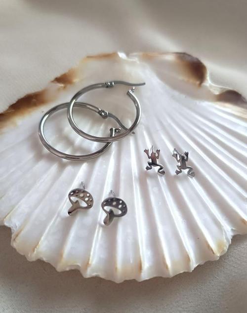 Küpe Kararmaz Çelik 316L Lüks Kadın Küpe Halka Kurbağa Mantar Küpe 3 lü Set   