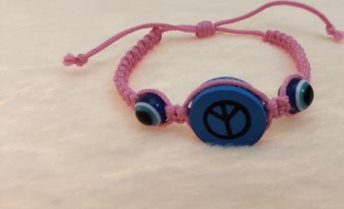 Sevimli Nazar Boncuklu Barış Sembollü Örgü Ayarlanabilir Bileklik Pembe