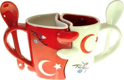 2 Lİ Sarılan Küçük Türk Bayraklı Bardak Kupa Dekoratif Hediyelik Seramik