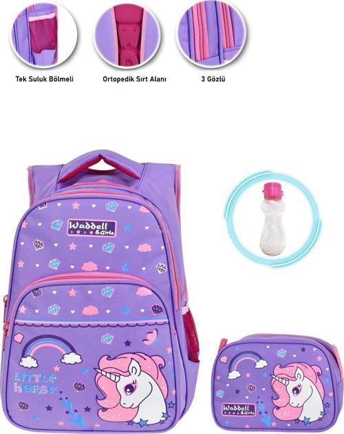 Lila Kristal Unicorn Okul Çantası + Beslenme Unicorn Çanta İlkokul Çantası Sırt Çantası Atcık Çanta