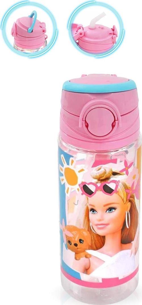 Pembe Barbie Şeffaf Matara 500ML - Çocuk Suluk, Matara, Suluk Pipetli Suluk, Askılı Suluk