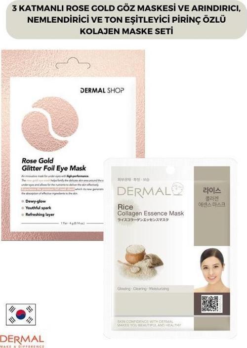 3 Katmanlı Rose Gold Göz Maskesi ve Arındırıcı, Nemlendirici Ve Ton Eşitleyici Pirinç Özlü Kolajen Maske Seti