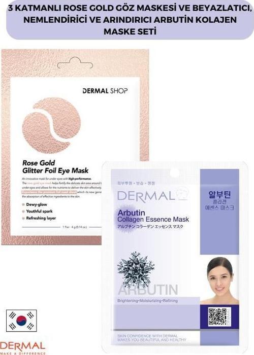 3 Katmanlı Rose Gold Göz Maskesi ve Beyazlatıcı, Nemlendirici Ve Arındırıcı Arbutin Kolajen Maske Seti