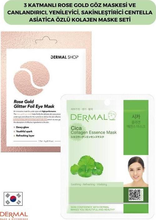 3 Katmanlı Rose Gold Göz Maskesi ve Canlandırıcı, Yenileyici, Sakinleştirici Centella Asiatica Özlü Kolajen Maske Seti