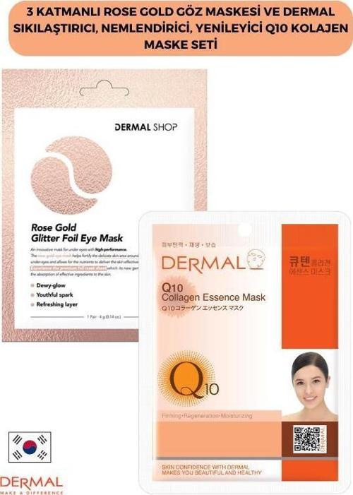 3 Katmanlı Rose Gold Göz Maskesi ve Dermal Sıkılaştırıcı, Nemlendirici, Yenileyici Q10 Kolajen Maske Seti