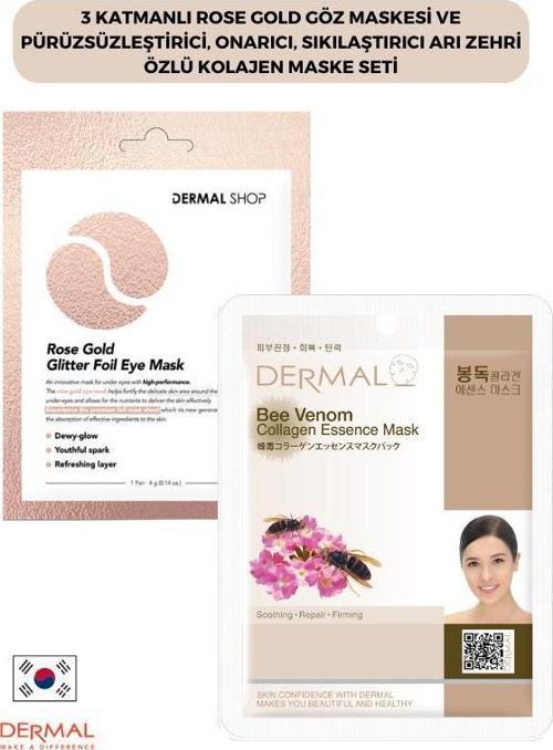 3 katmanlı Rose Gold Göz Maskesi ve Pürüzsüzleştirici, Onarıcı, Sıkılaştırıcı Arı Zehri Özlü Kolajen Maske Seti